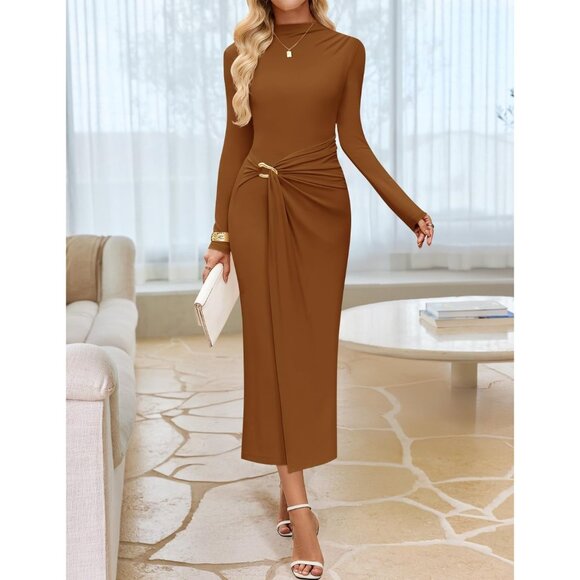 Zesica Women's Caramel Long Sleeve Mock Neck Long Midi Bodycon Cocktail Dress - Picture 2 of 7